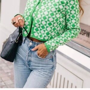 Zara Green and Cream Patterned Cropped Cardigan